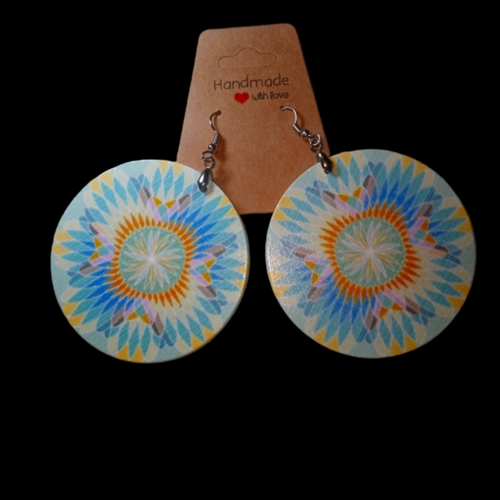 Big bold round milti-colored print wooden drop dangle earrings